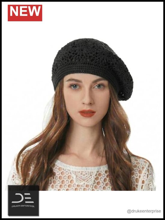 Handmade Crochet Slouchy Beret Cotton Floral Beanie Hat Lightweight